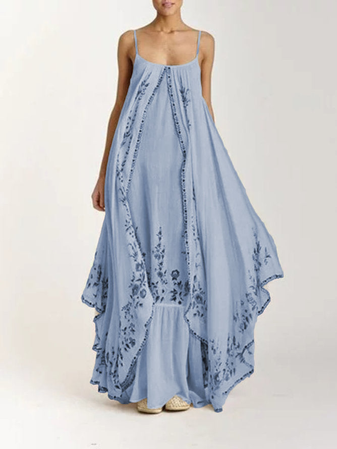 Embroidered Strappy Tiered Maxi Sundress - blue