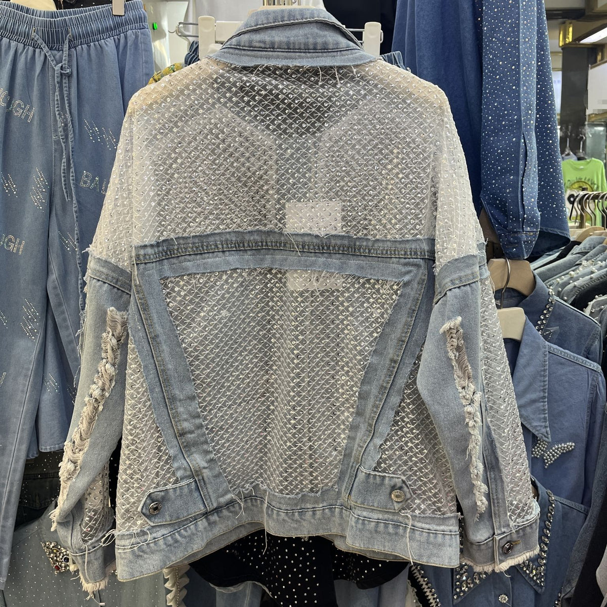Openwork Panel Distressed Oversized Denim Jacket - Blue - 10
