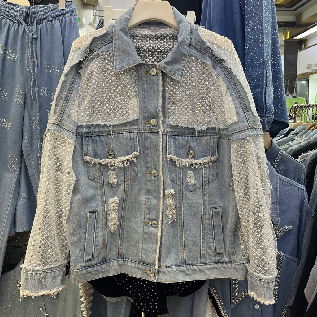 Openwork Panel Distressed Oversized Denim Jacket - Blue - 4