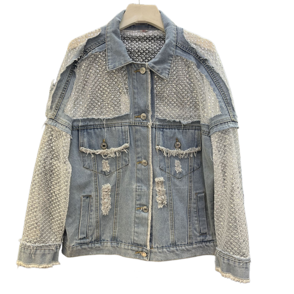 Openwork Panel Distressed Oversized Denim Jacket - Blue - 5