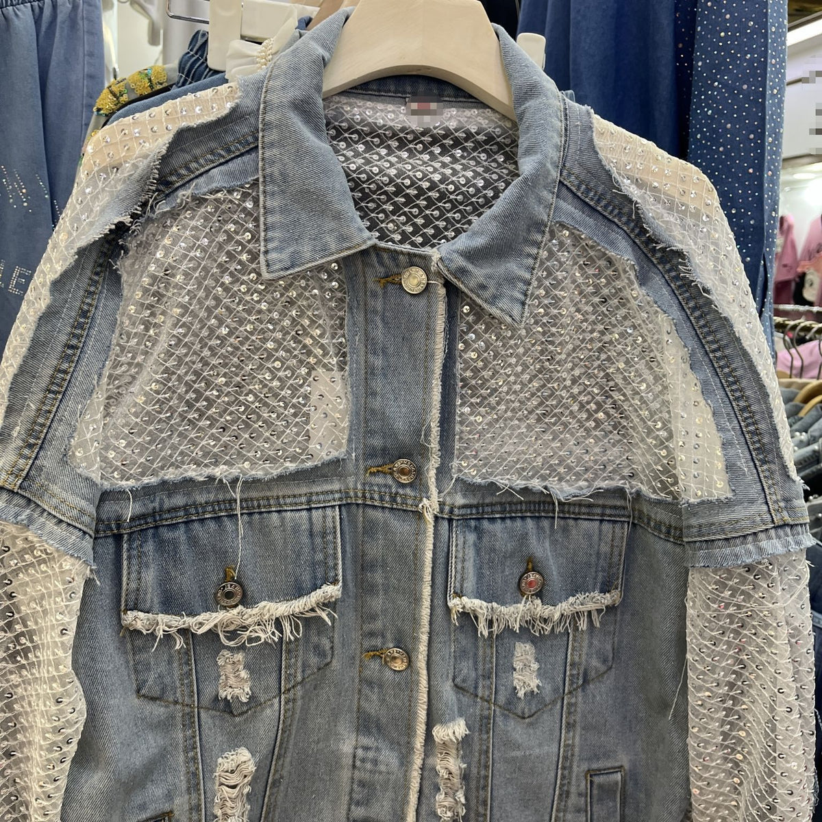 Openwork Panel Distressed Oversized Denim Jacket - Blue - 6