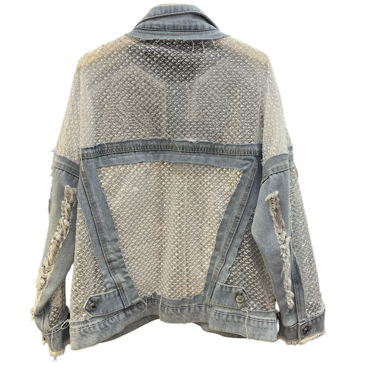 Openwork Panel Distressed Oversized Denim Jacket - Blue - 7