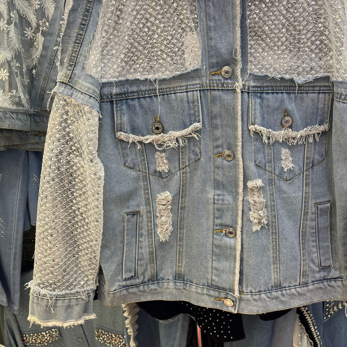 Openwork Panel Distressed Oversized Denim Jacket - Blue - 8