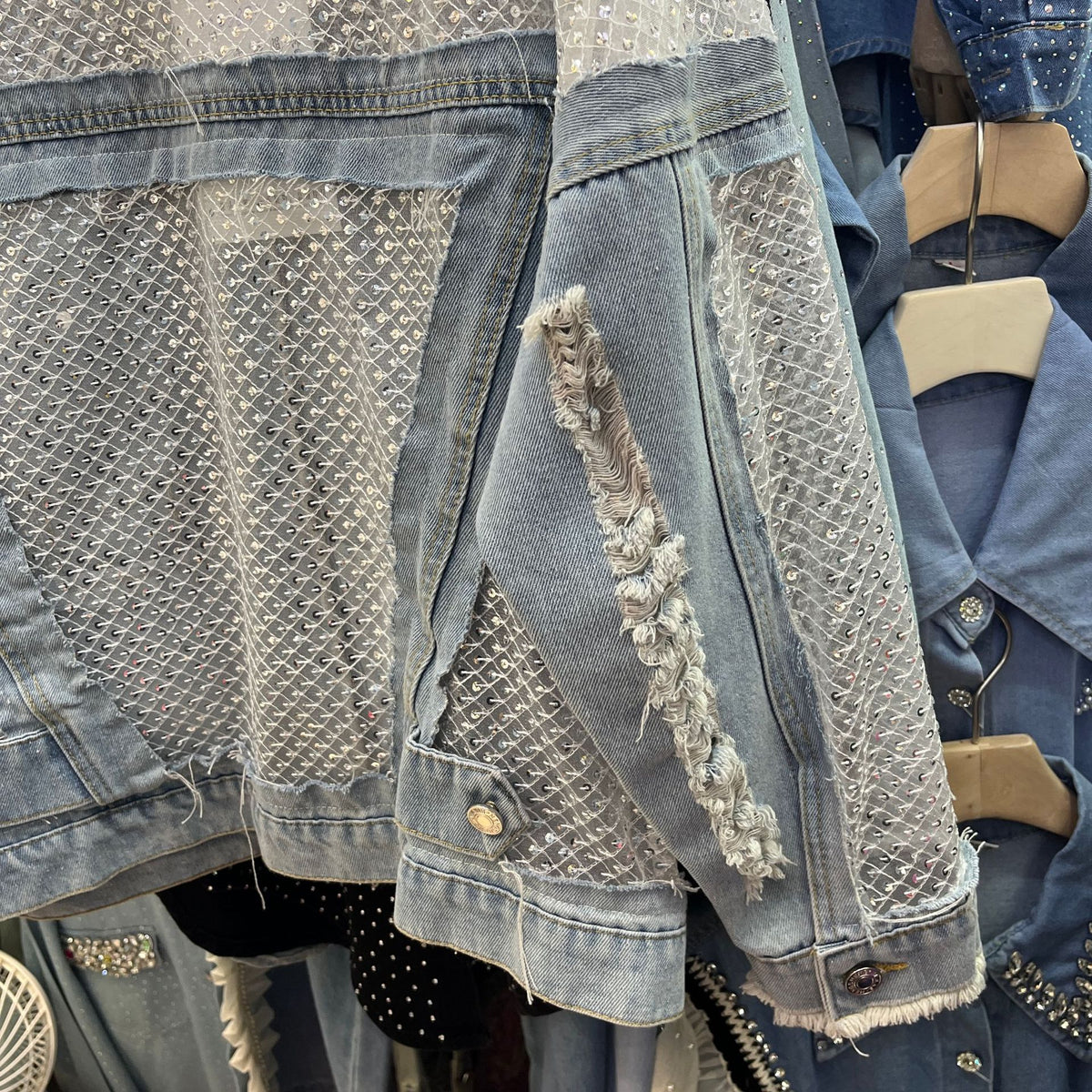 Openwork Panel Distressed Oversized Denim Jacket - Blue - 9