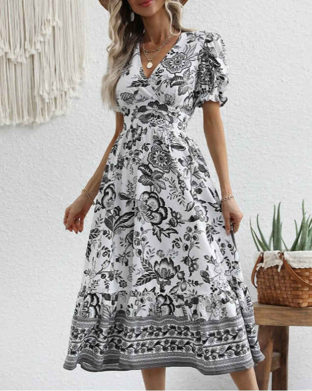 Paisley Border Print Puff Sleeve Midi Dress - Black