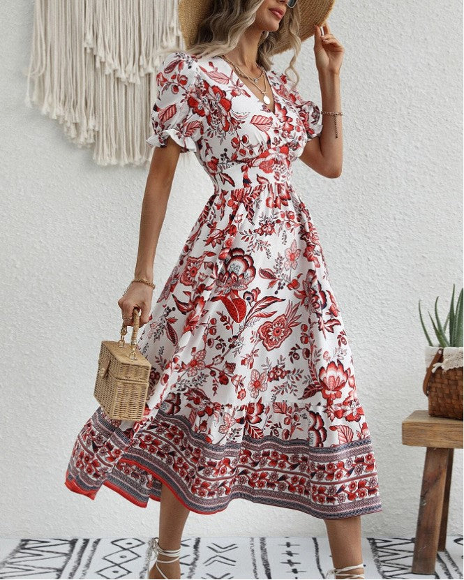 Paisley Border Print Puff Sleeve Midi Dress - Red