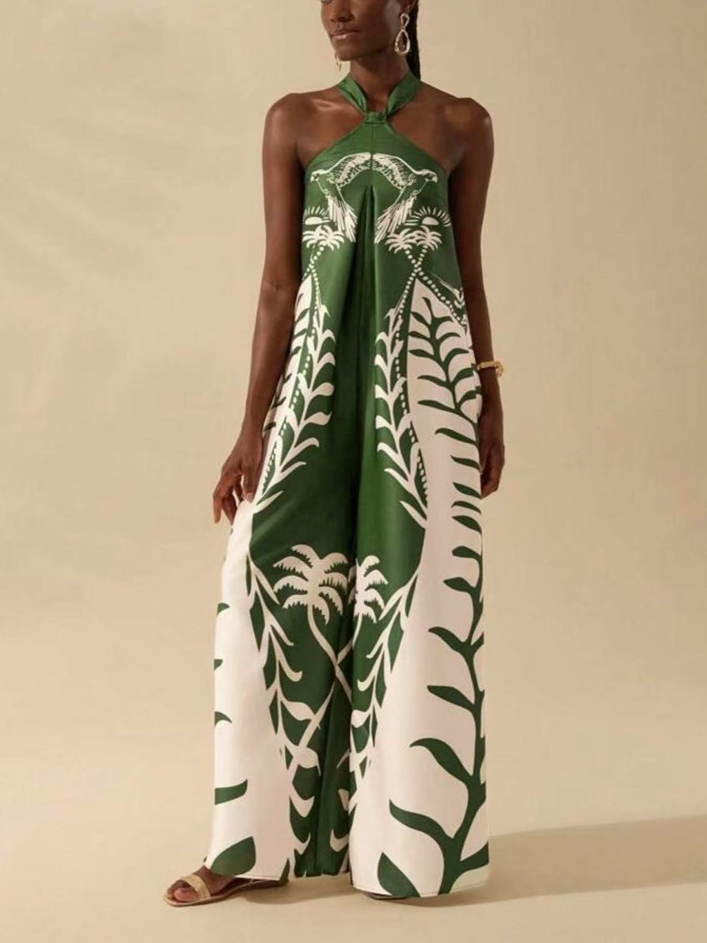 Placement Print Halter Wide Leg Jumpsuit - Green