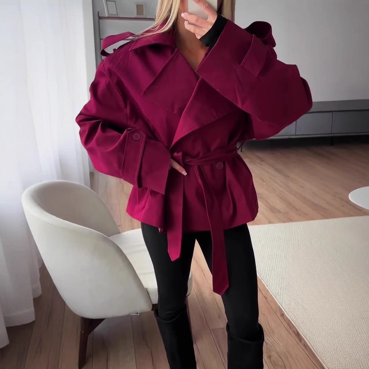 Oversized Wide Lapel Belted Short Trench Coat - Berry Red