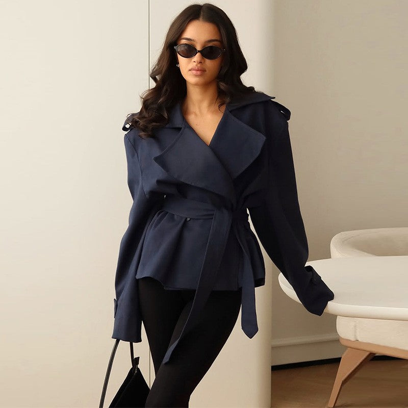 Oversized Wide Lapel Belted Short Trench Coat