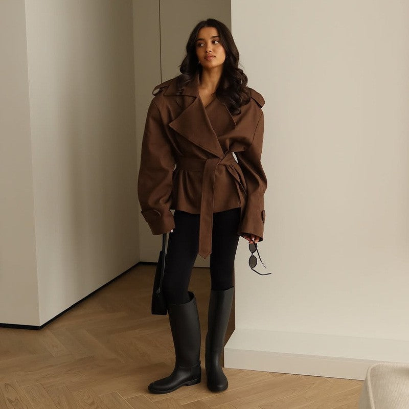 Oversized Wide Lapel Belted Short Trench Coat
