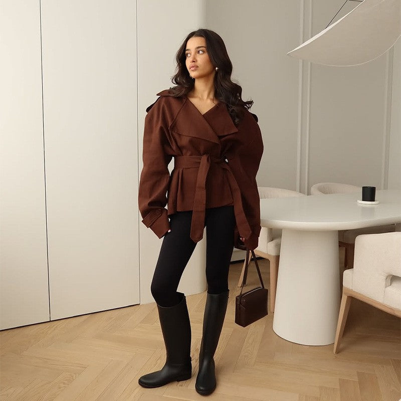Oversized Wide Lapel Belted Short Trench Coat
