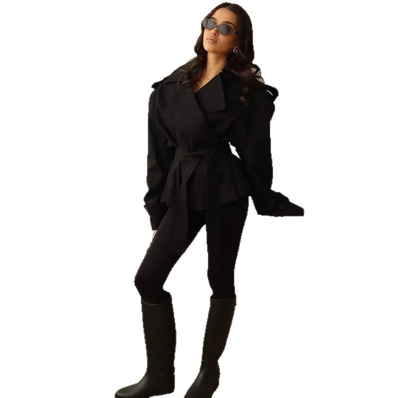 Oversized Wide Lapel Belted Short Trench Coat