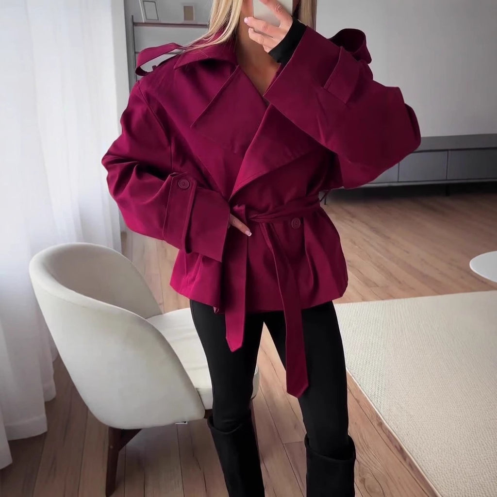 Oversized Wide Lapel Belted Short Trench Coat