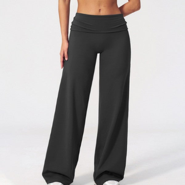 Fold Over High Waist Wide Leg Yoga Pants - Black