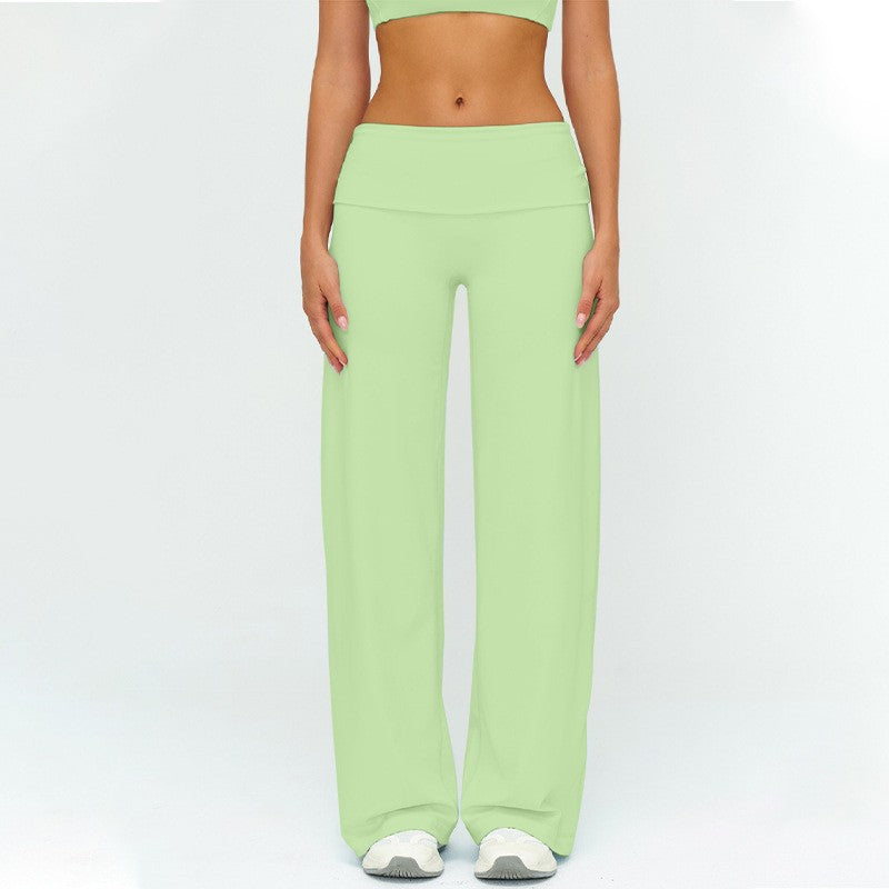 Fold Over High Waist Wide Leg Yoga Pants - Light Green