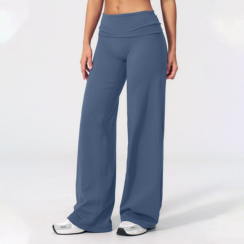 Fold Over High Waist Wide Leg Yoga Pants - Navy
