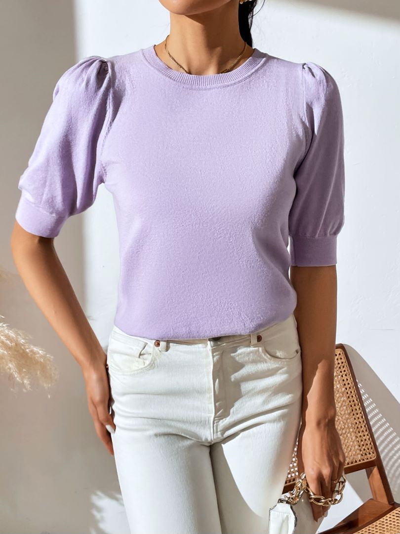 Gathered Puff Sleeve Fine Knit Tee - Purple