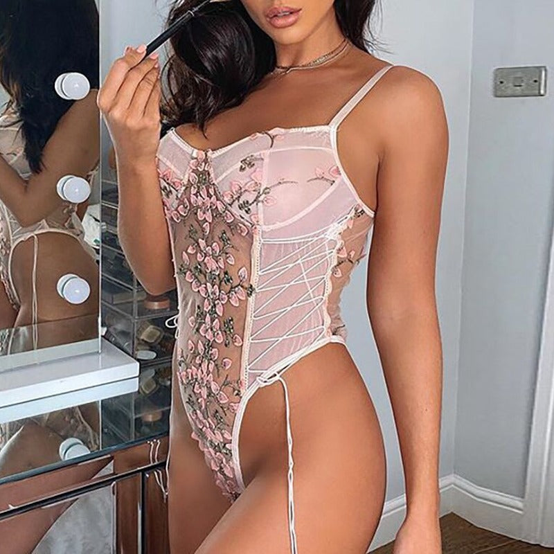 Floral Embroidered Mesh Lace Up High Cut Bodysuit - Pink