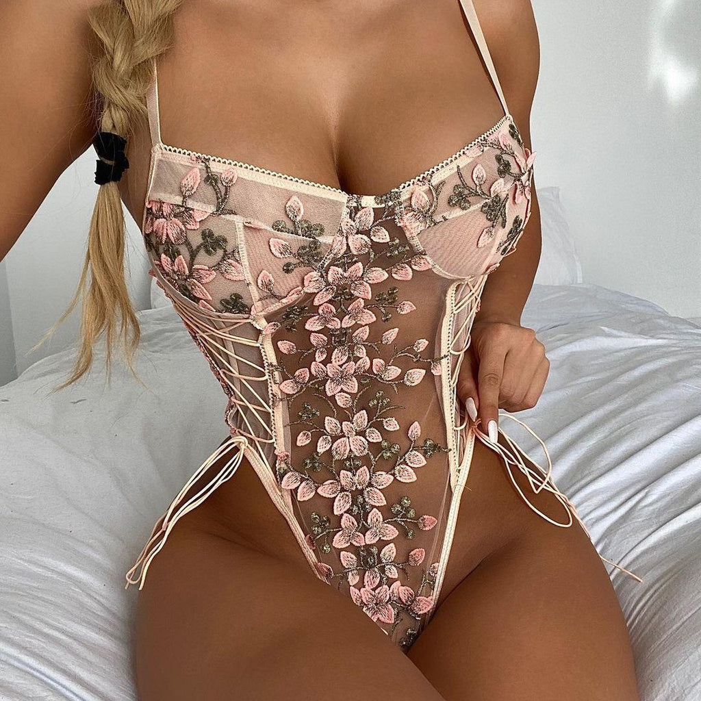 Floral Embroidered Mesh Lace Up High Cut Bodysuit