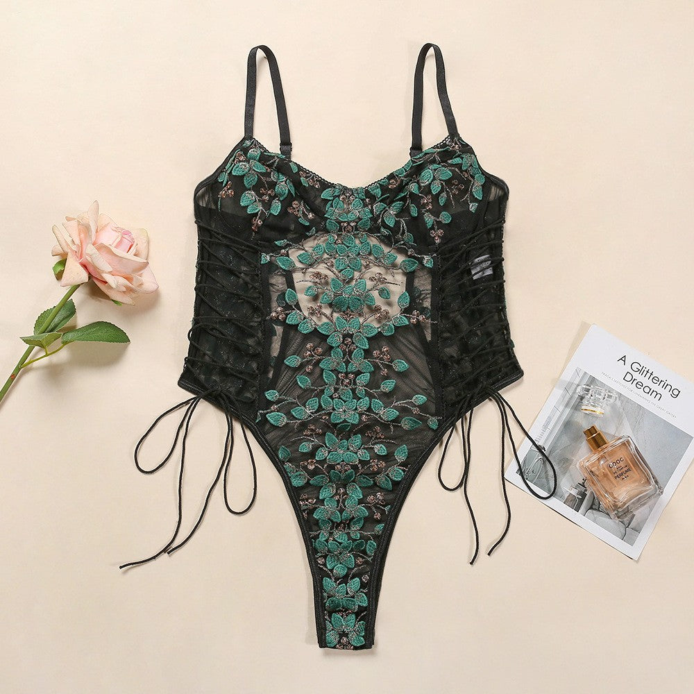 Floral Embroidered Mesh Lace Up High Cut Bodysuit