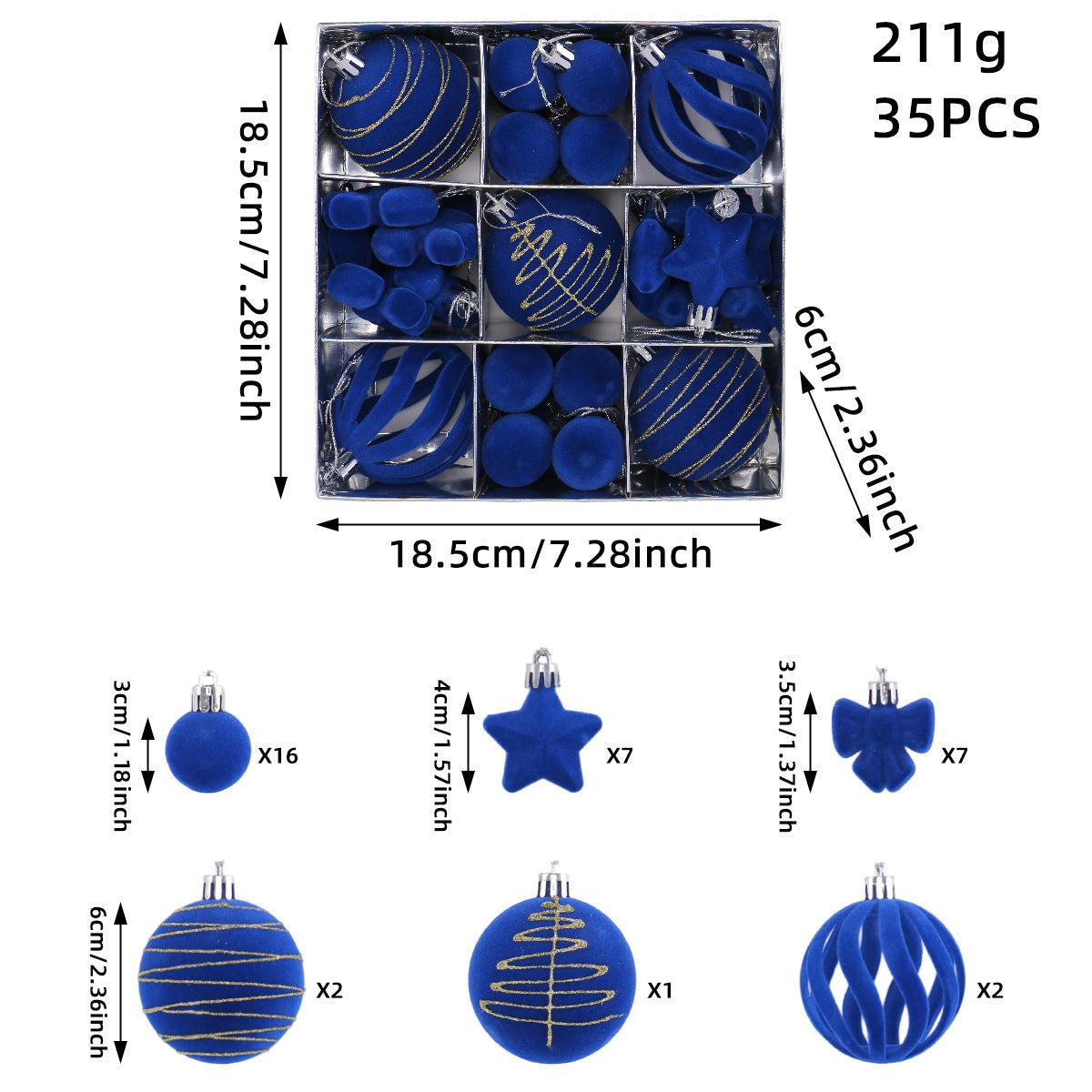 Flocked Tree Ornament Box Set with Stars and Bows - Blue