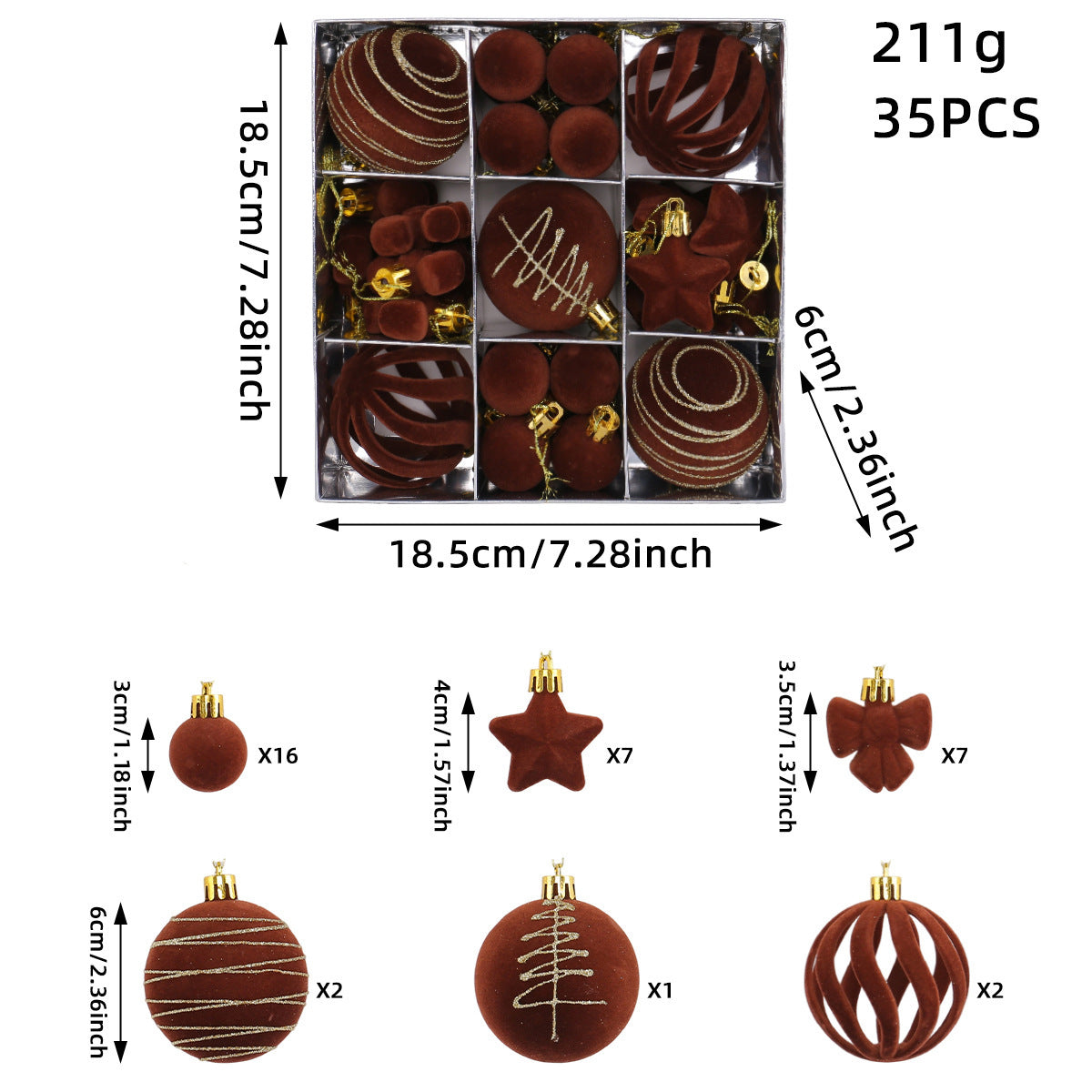Flocked Tree Ornament Box Set with Stars and Bows - Coffee