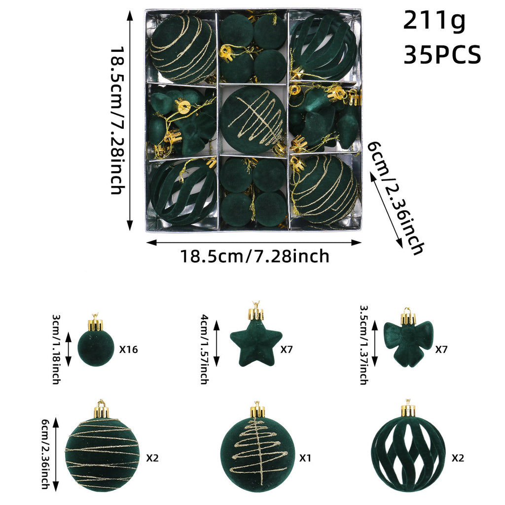 Flocked Tree Ornament Box Set with Stars and Bows - Darkgreen - 1