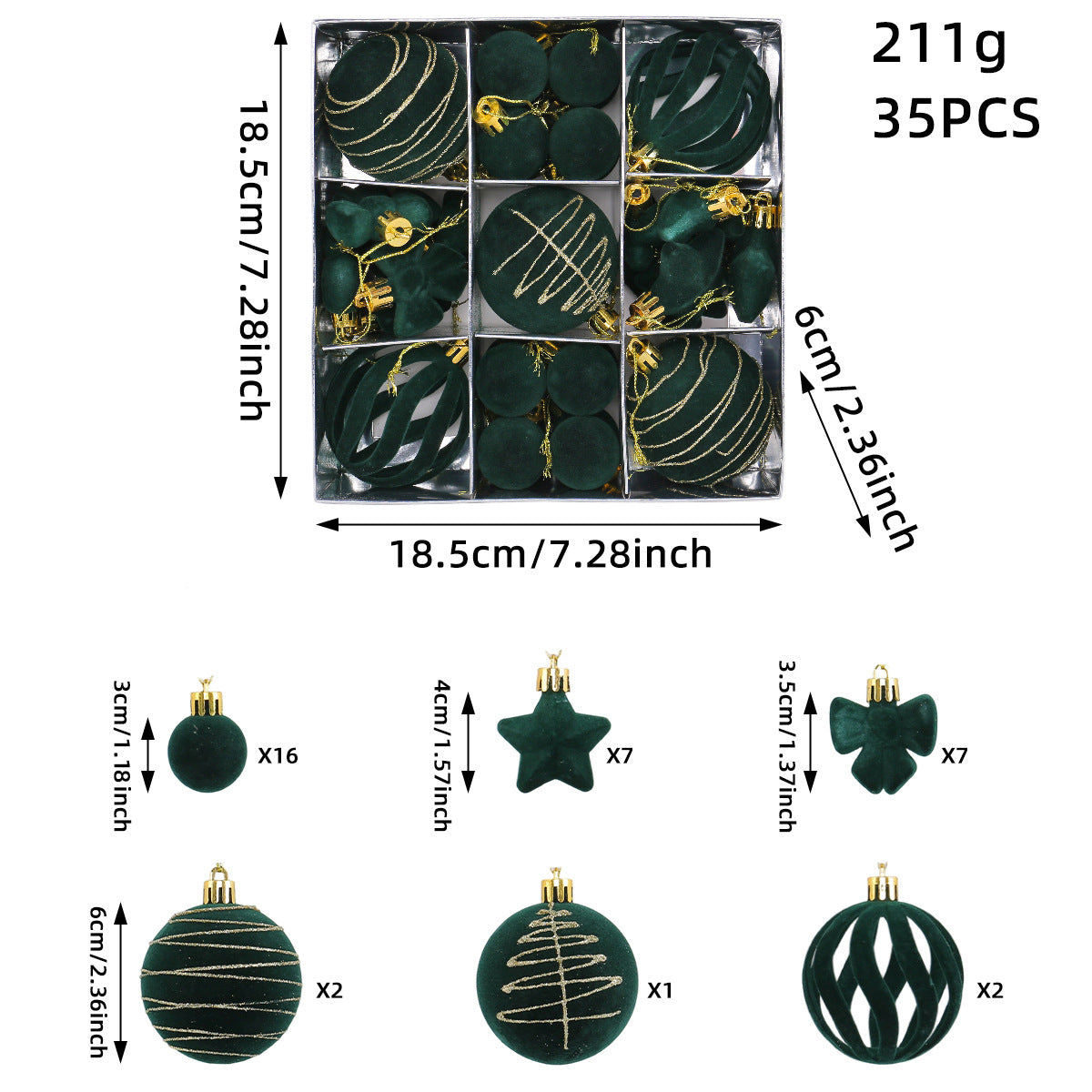 Flocked Tree Ornament Box Set with Stars and Bows - Darkgreen - 1