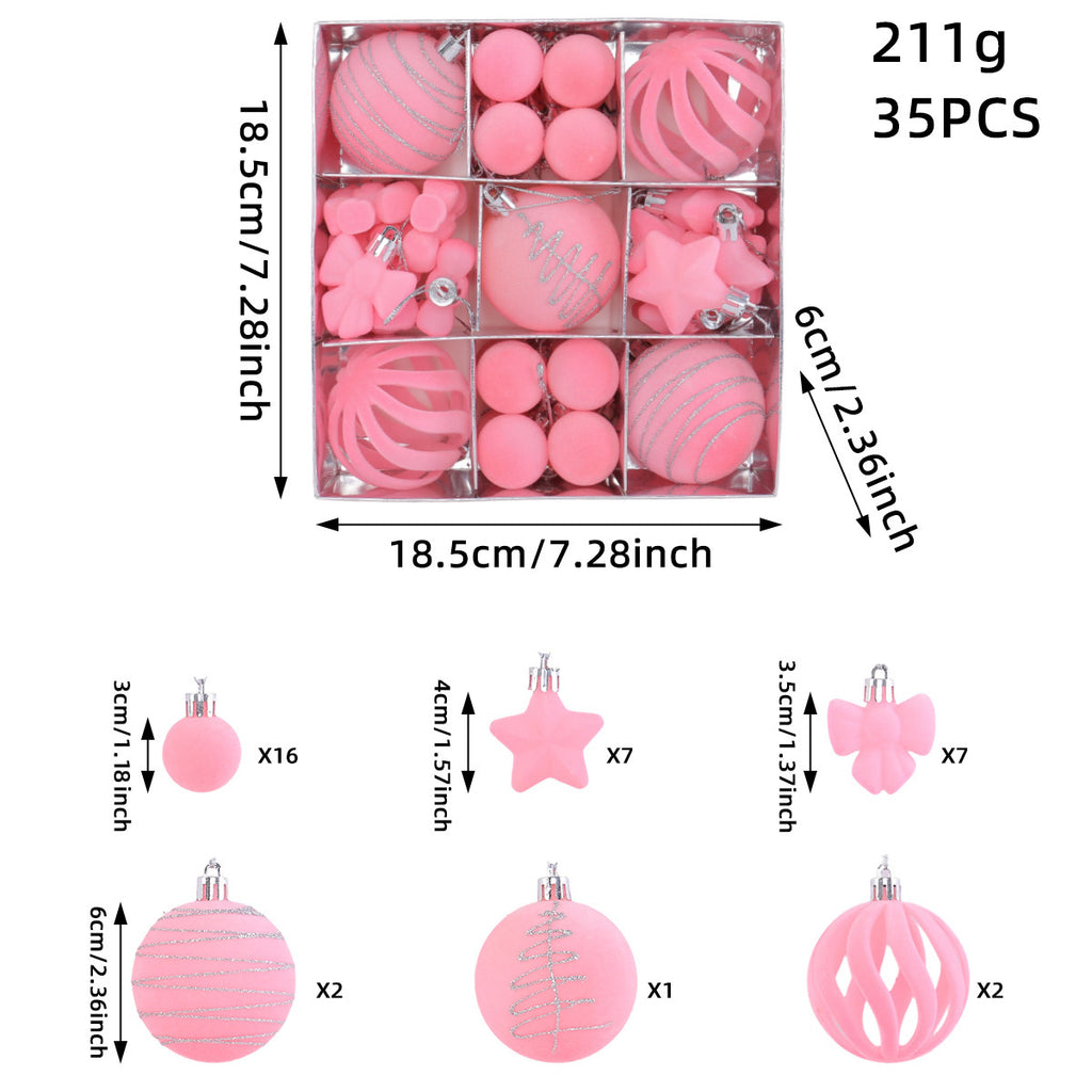 Flocked Tree Ornament Box Set with Stars and Bows - Pink