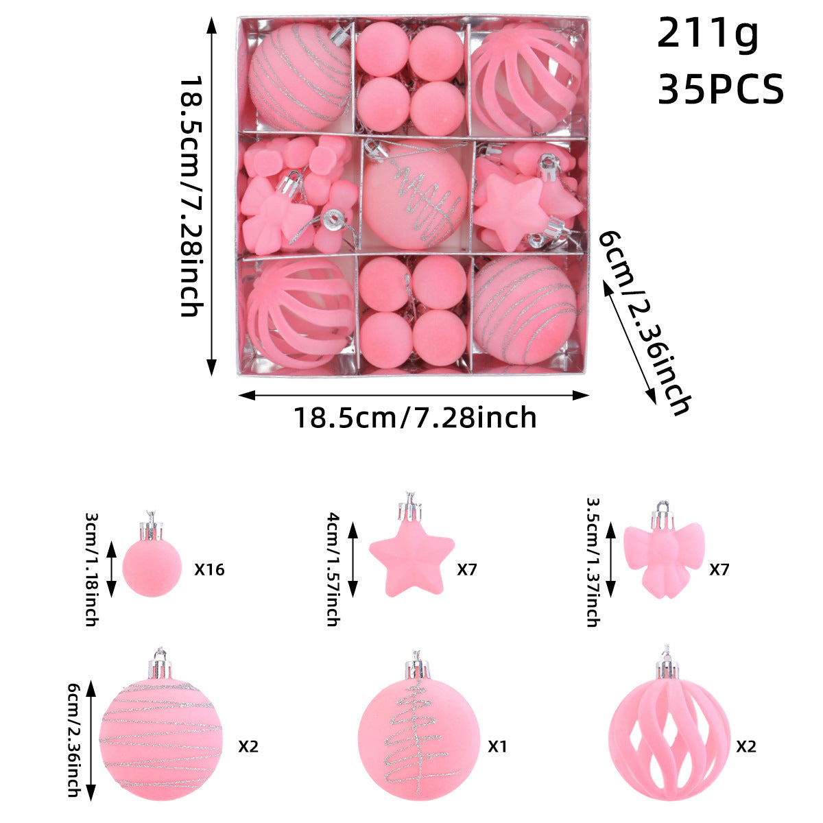 Flocked Tree Ornament Box Set with Stars and Bows - Pink