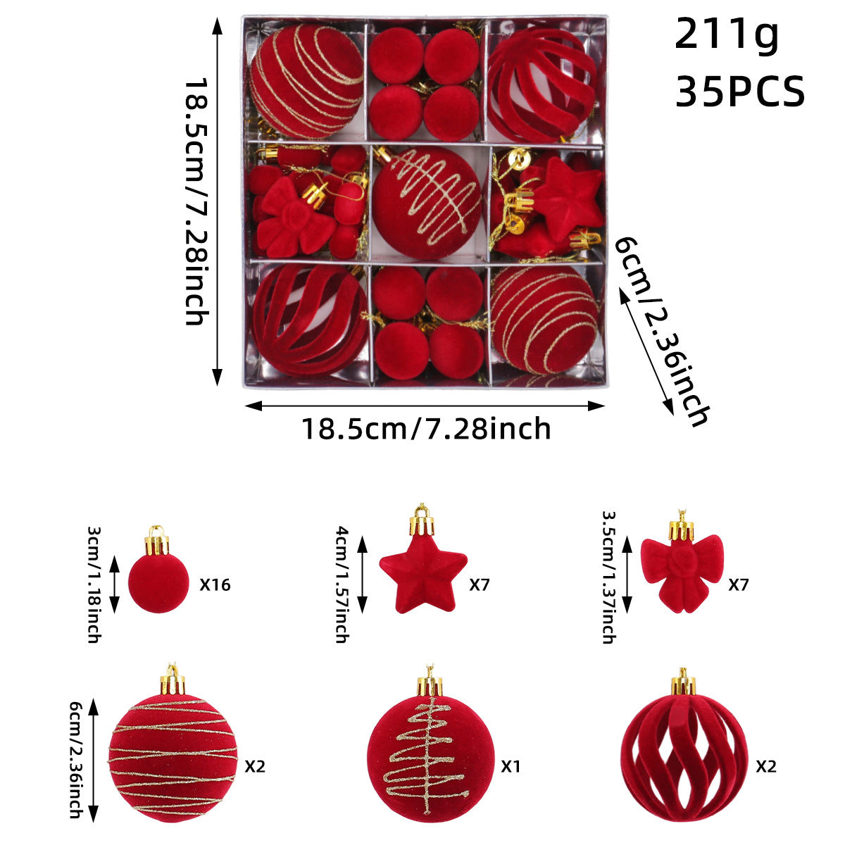 Flocked Tree Ornament Box Set with Stars and Bows - Red