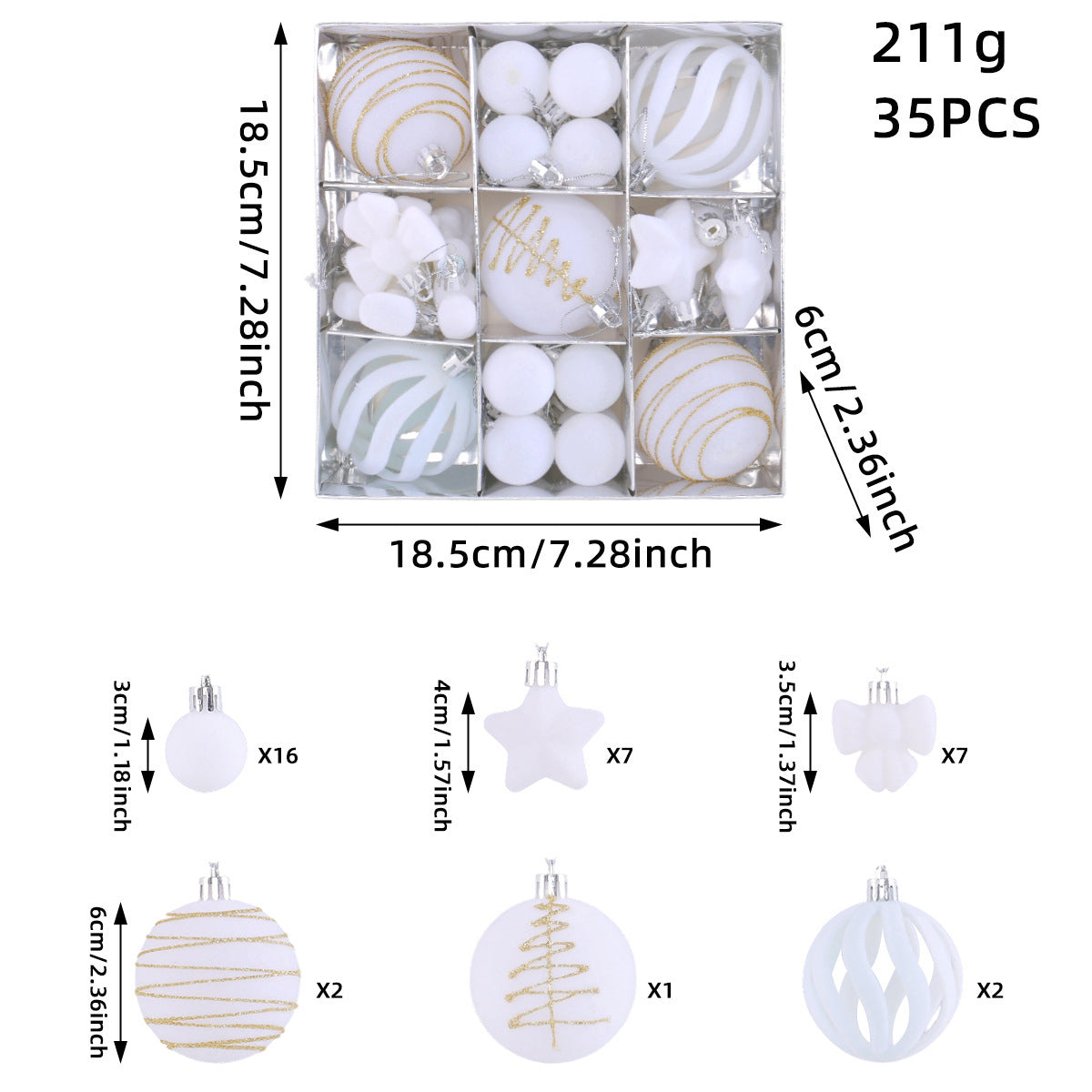 Flocked Tree Ornament Box Set with Stars and Bows - White
