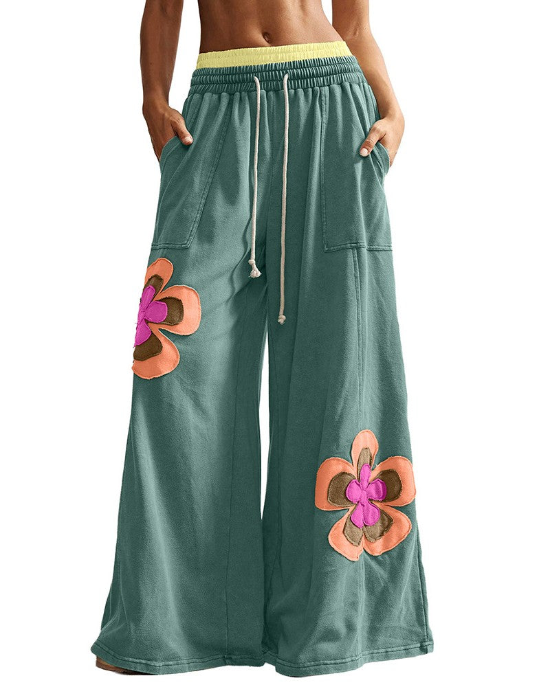 Wide Leg Sweatpants With Retro Flower Patches - Green