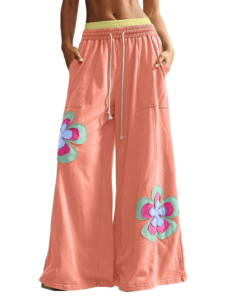 Wide Leg Sweatpants With Retro Flower Patches - Orange