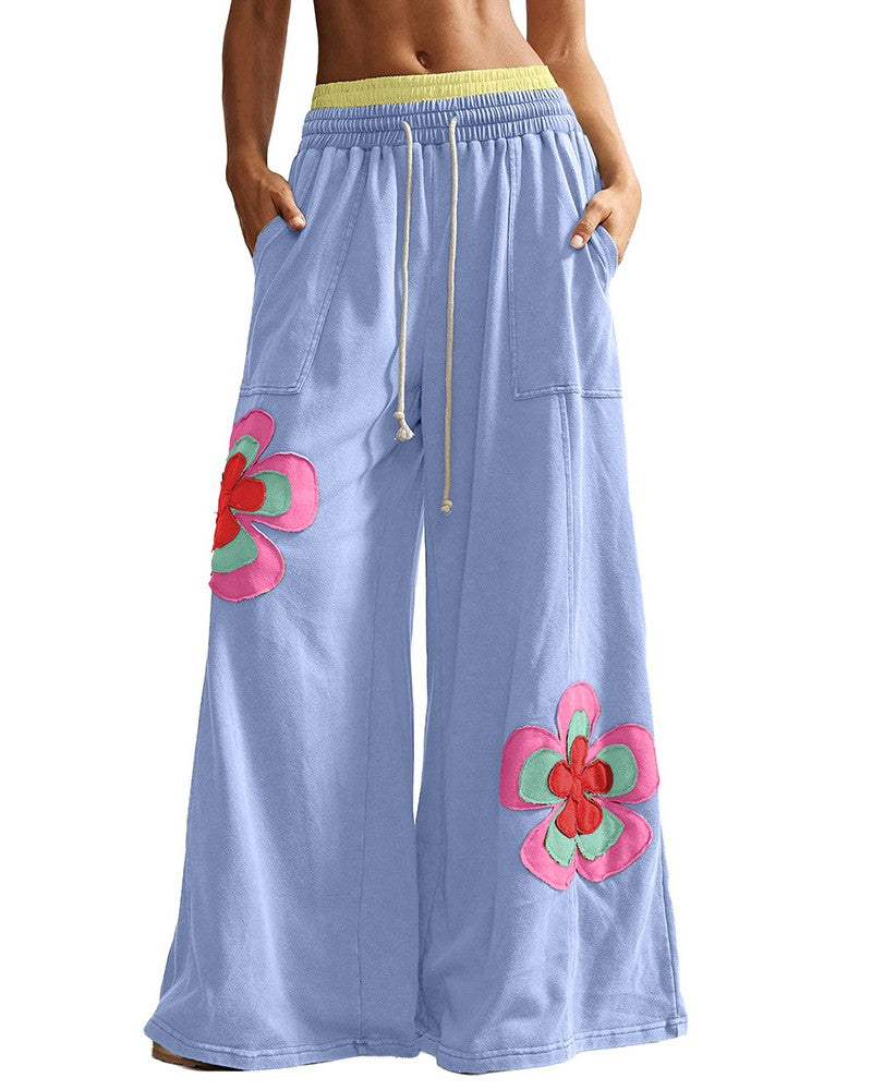 Wide Leg Sweatpants With Retro Flower Patches - Purple