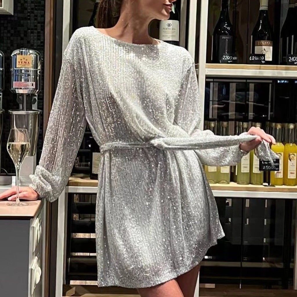 Sequin Tie Waist Long Sleeve Mini Dress