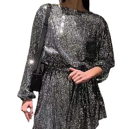 Sequin Tie Waist Long Sleeve Mini Dress