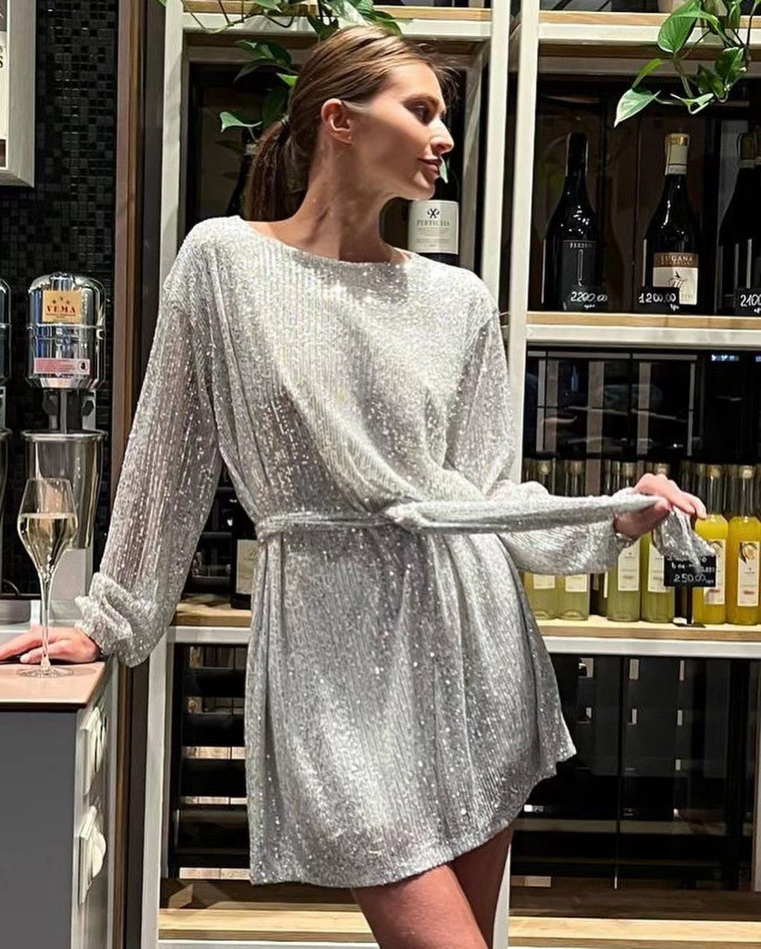 Sequin Tie Waist Long Sleeve Mini Dress