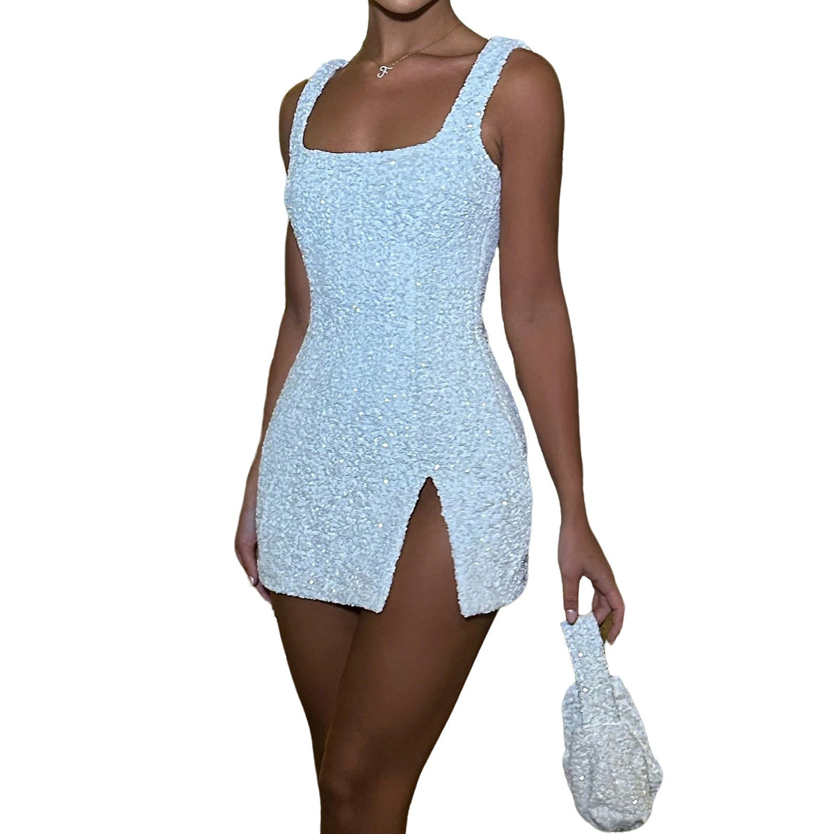 Sequin Square Neck Side Slit Bodycon Mini Dress - Ivory
