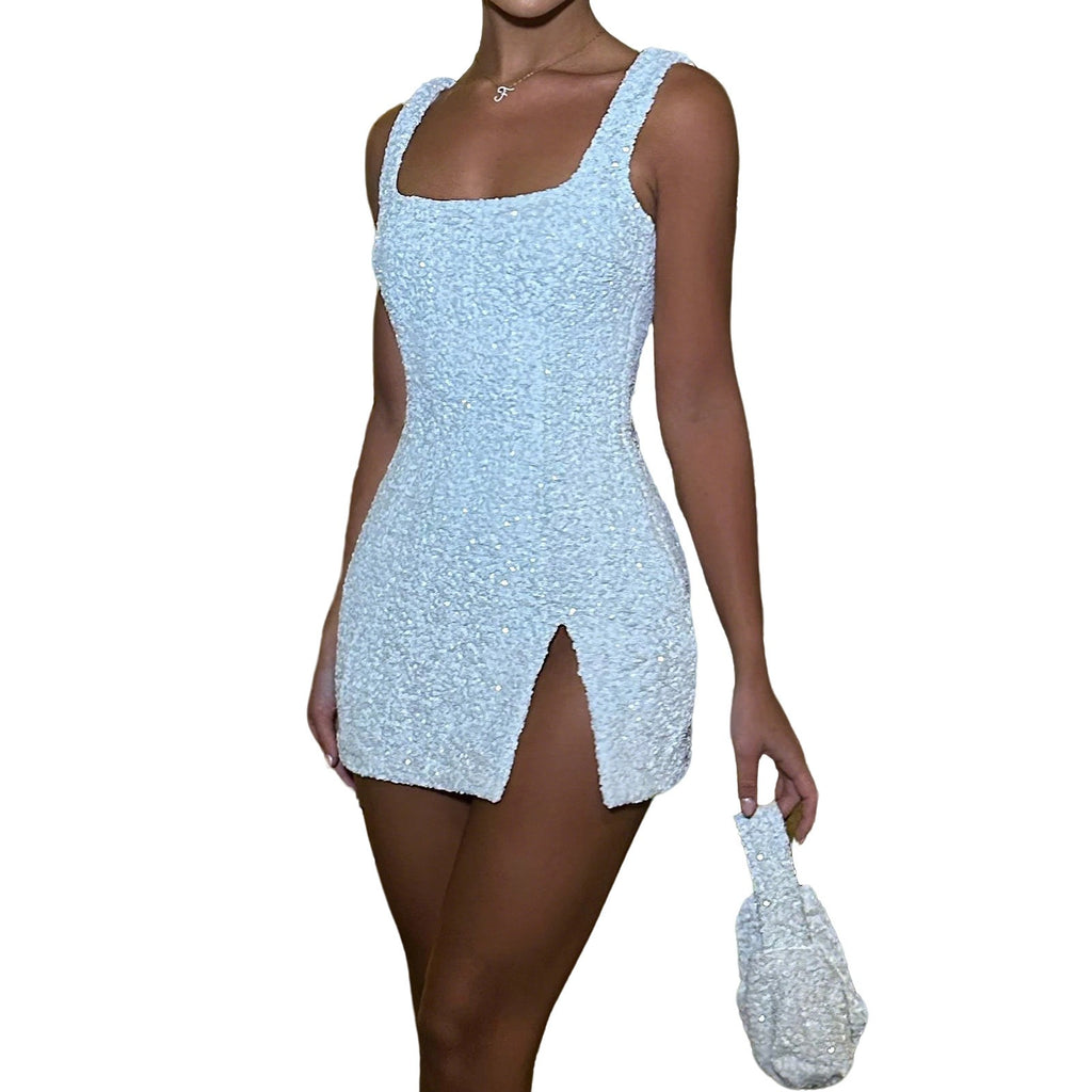 Sequin Square Neck Side Slit Bodycon Mini Dress