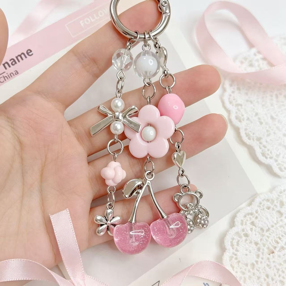 Cherry And Blossom Beaded Bag Charm Keychain - Pink