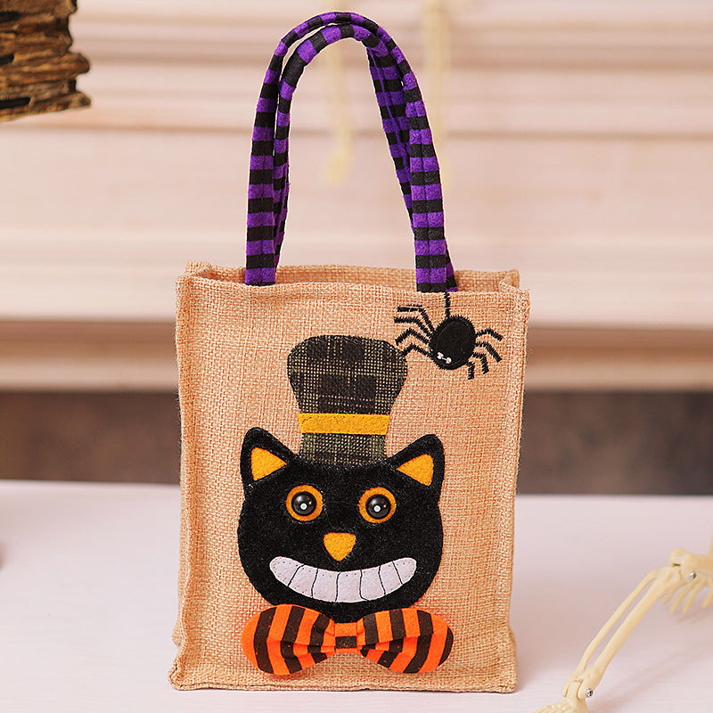 Burlap Halloween Candy Tote With Woven Handle - Cat