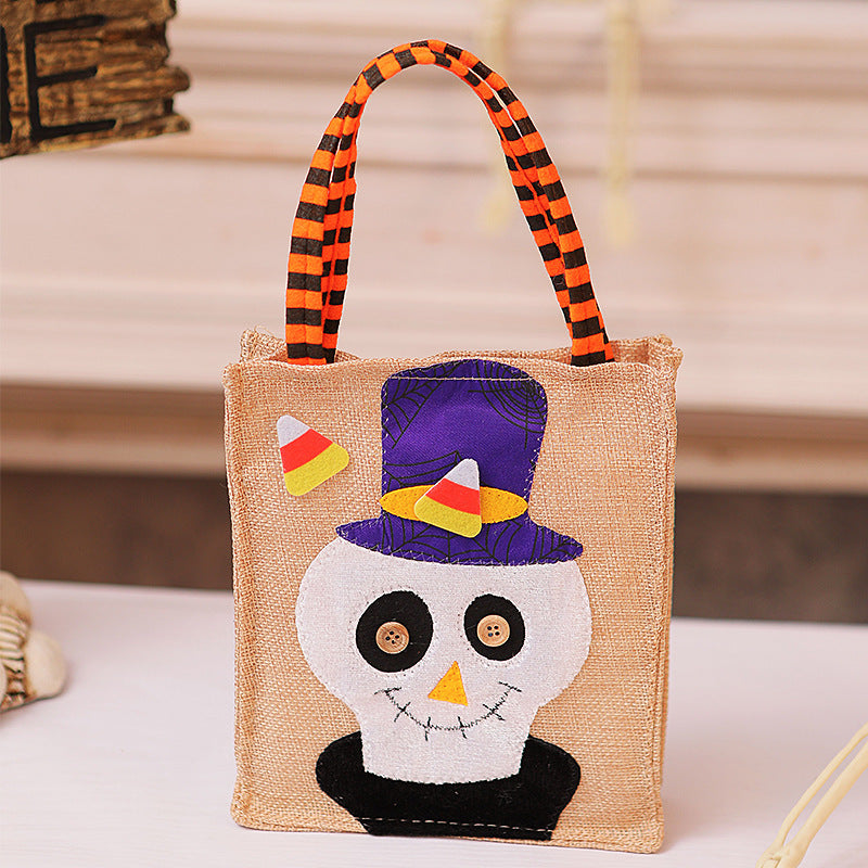Burlap Halloween Candy Tote With Woven Handle - Skull