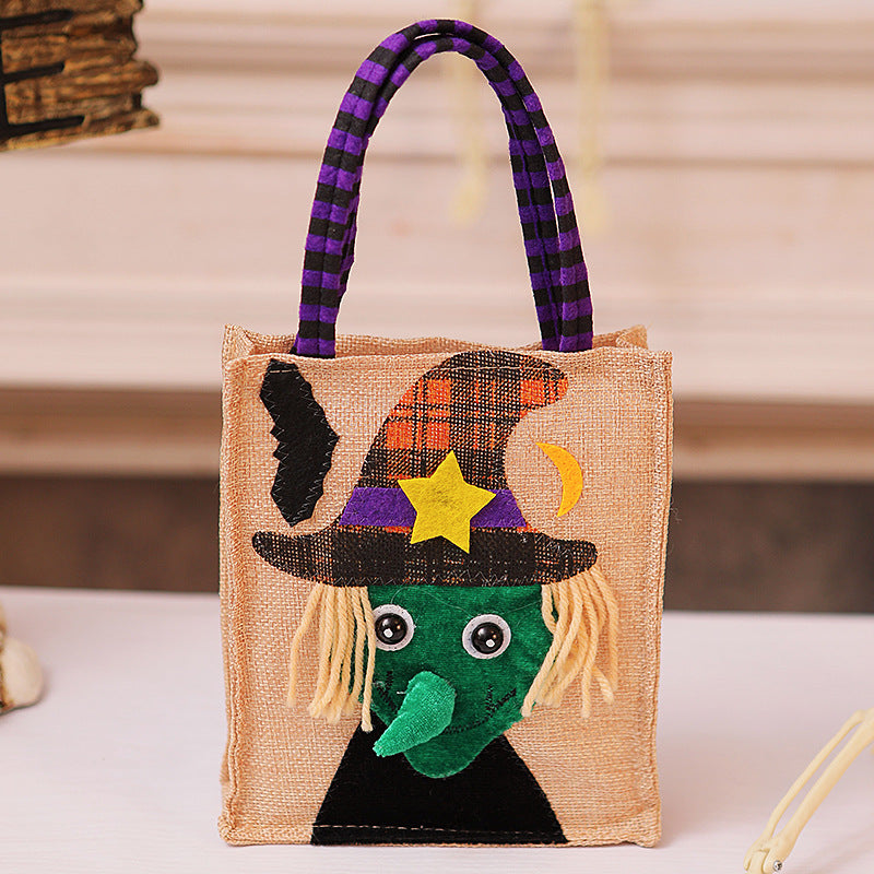 Burlap Halloween Candy Tote With Woven Handle - Witch