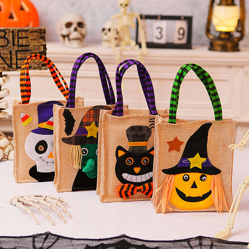 Burlap Halloween Candy Tote With Woven Handle - view 1