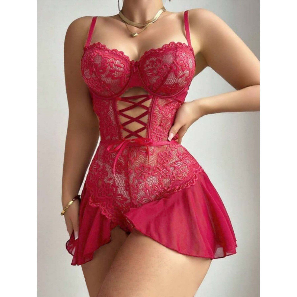 Floral Lace Underwire Lace Up Ruffle Hem Teddy - Red