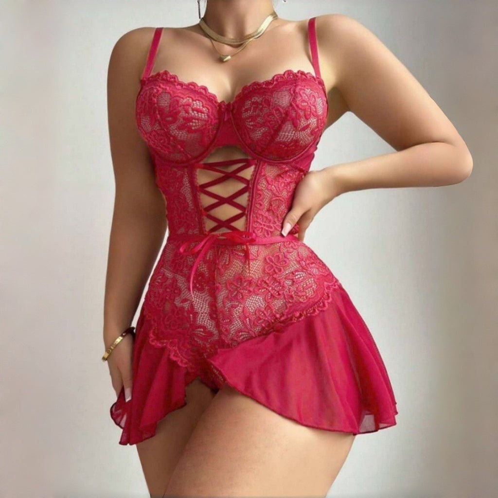 Floral Lace Underwire Lace Up Ruffle Hem Teddy - Red + Stockings