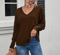 Drop Shoulder V Neck Long Sleeve Tee - Dark brown