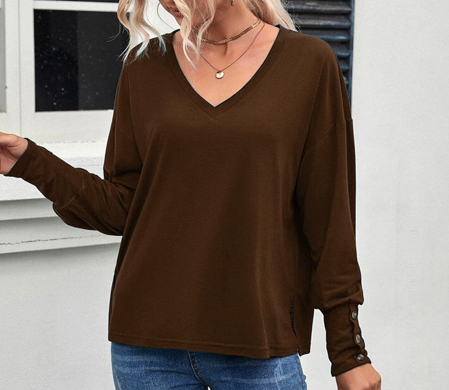 Drop Shoulder V Neck Long Sleeve Tee - Dark brown - 1