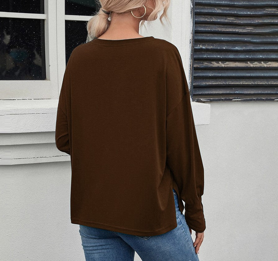 Drop Shoulder V Neck Long Sleeve Tee - Dark brown - 2